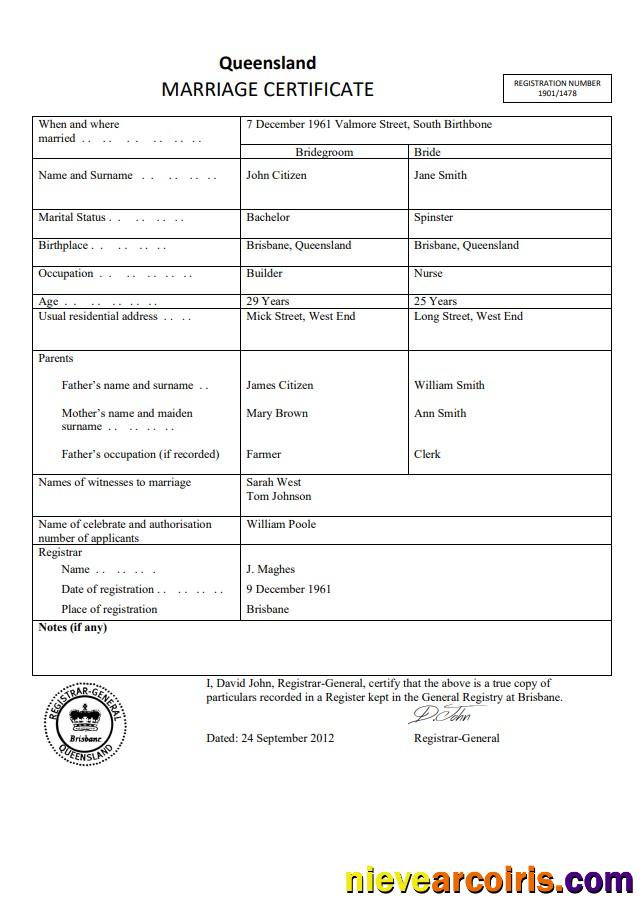 Australia Queensland marriage certificate